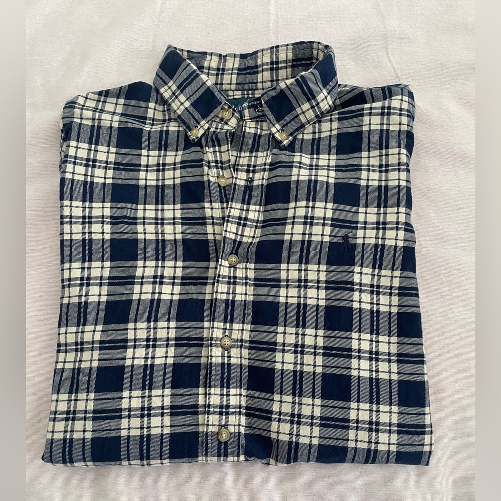 Ralph Lauren Blue Plaid Brushed Cotton Flannel Shirt long sleeved . Sz L